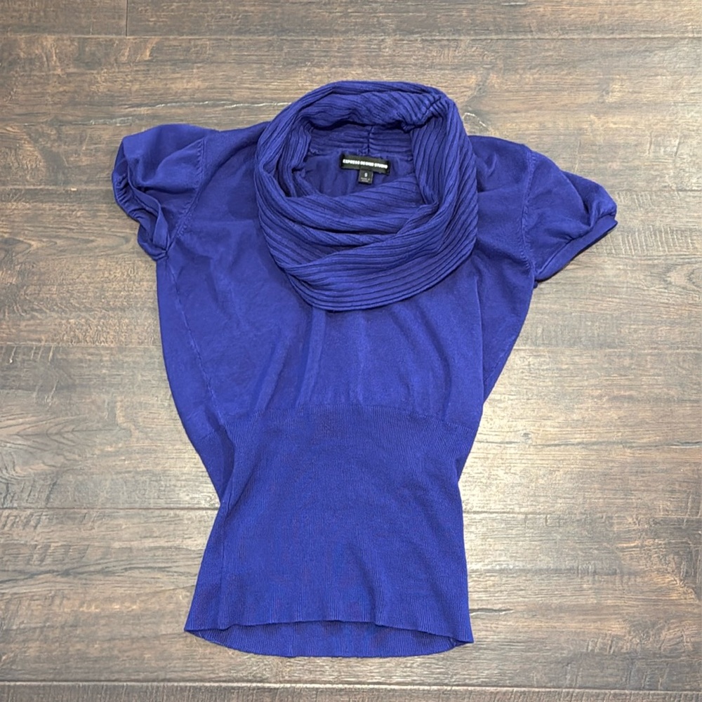 Express short sleeve purple dresss shirt with loose neck collar
Size small